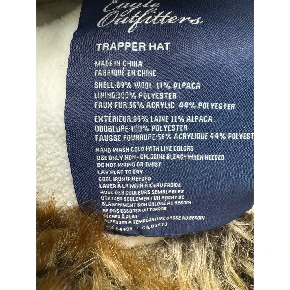 American Eagle Trapper Hat Blue Cream Striped Wool Alpaca Blend Faux Fur Trim
